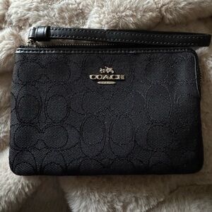Coach Corner Zip Wristlet in Signature Black Fabric & Silver Insignia